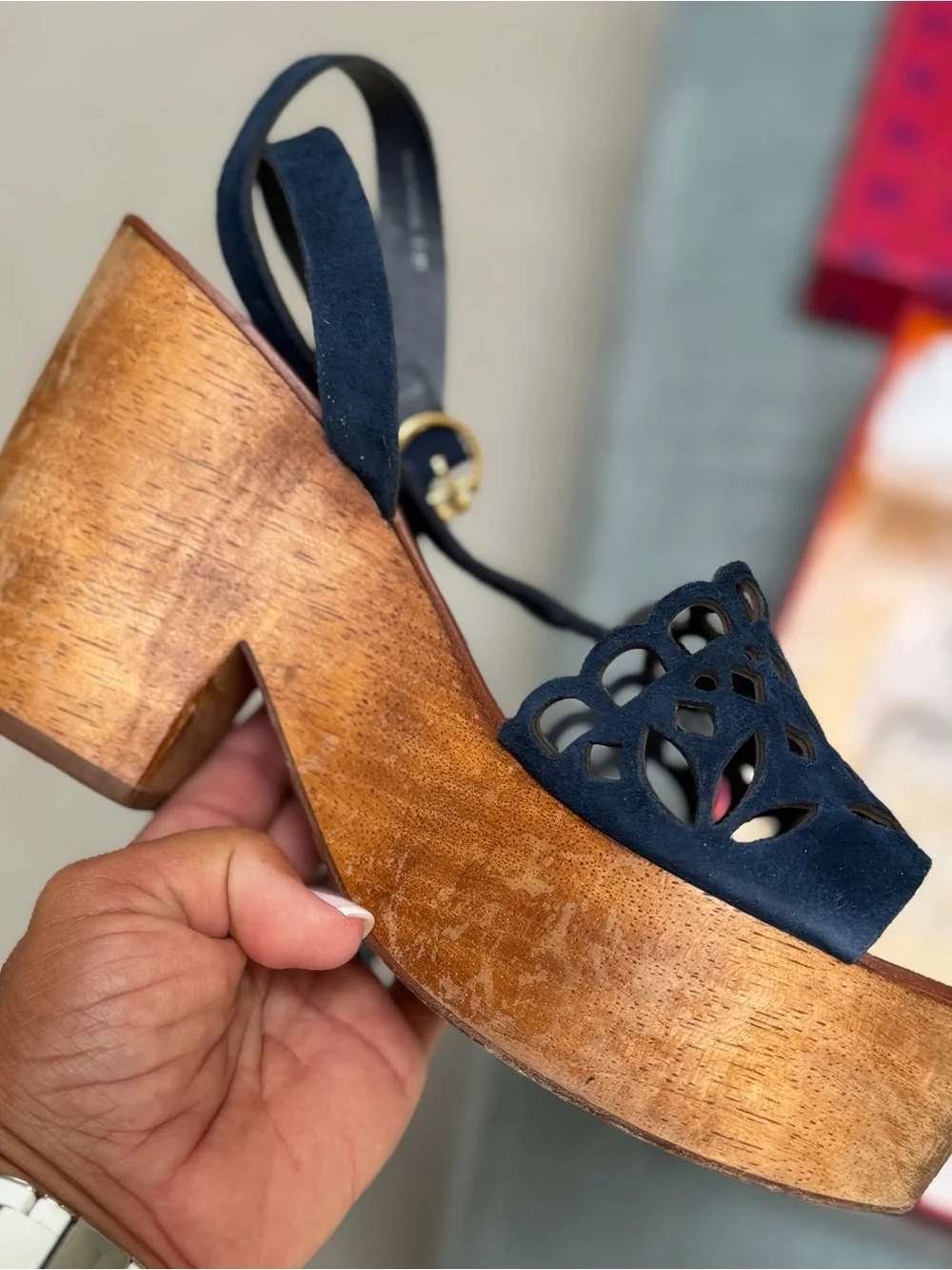Tory Burch May 100mm Platform Sandal Lancaster Suede in Perfect Navy
